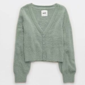 Aerie Fuzzy Cropped Cardigan Sweater Size M Green Ultra Soft